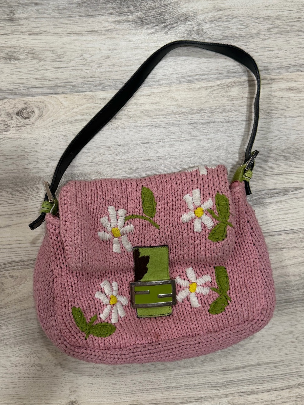 vintage Fendi Pink Knit Floral Embroidered Mama Baguette